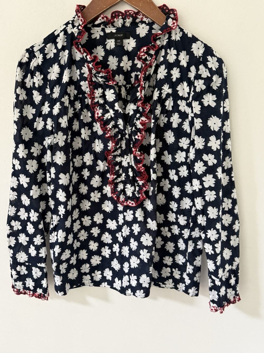 J Crew Embroidered Ruffle Blouse Top Floral Print Daisy Blue Red Long Sleeve XS
